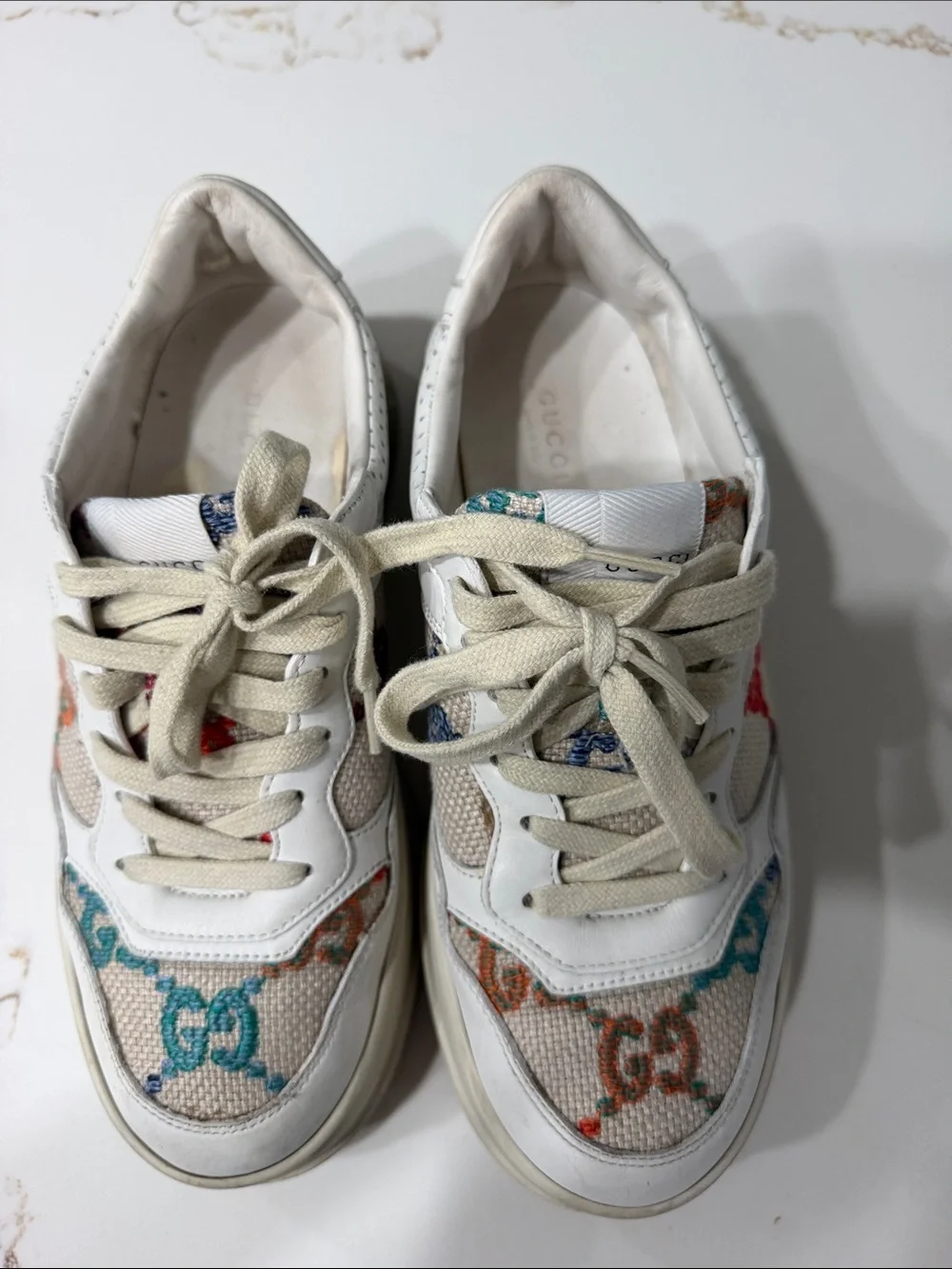 Gucci GG Logo-Detailed Leather and Multi Colored Embroidered Canvas Sneakers 39